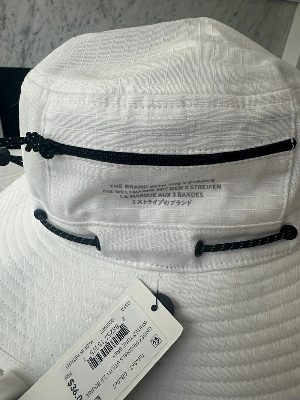 New Adidas White Utility Boonie Hat with Black-White Chin Cord